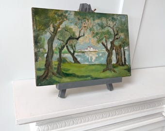 Vintage Art Piece, French Landscape, ‘Through the trees’, oil on board, artist unknown
