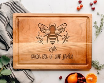 Personalized Bee Cutting Board, Queen Bee Unique Gifts, Wooden Cutting Board, Engraved Wood Charcuterie Board, Grooved Cherry Cutting Board