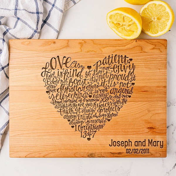 Corinthians 13 Wedding Gift, Love is Patient Love is Kind, Personalized Cutting Board, Heart Cutting Board, Religious Gift, Gift for Couples