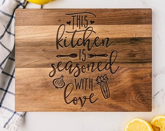 Personalized Kitchen Seasoned With Love Cutting Board Housewarming Chr–  Stocking Factory