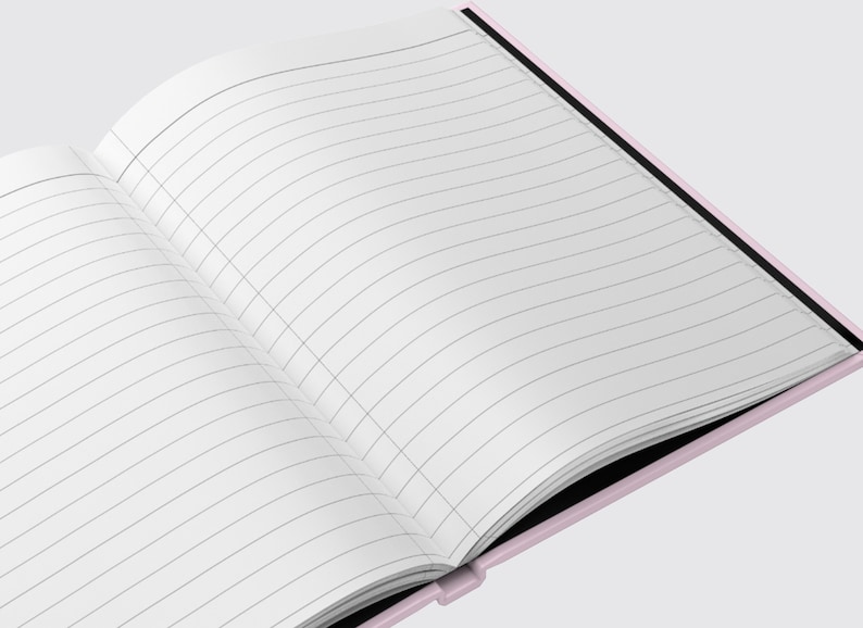 May include: A pink notebook with lined pages, open to reveal a blank page. The notebook has a black spine and a black edge.