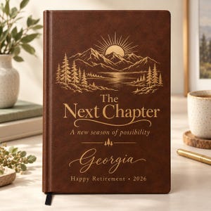 Personalized Retirement Journal, Engraved Leatherette Notebook, Off the Clock Mountain Lake Adventure Gift
