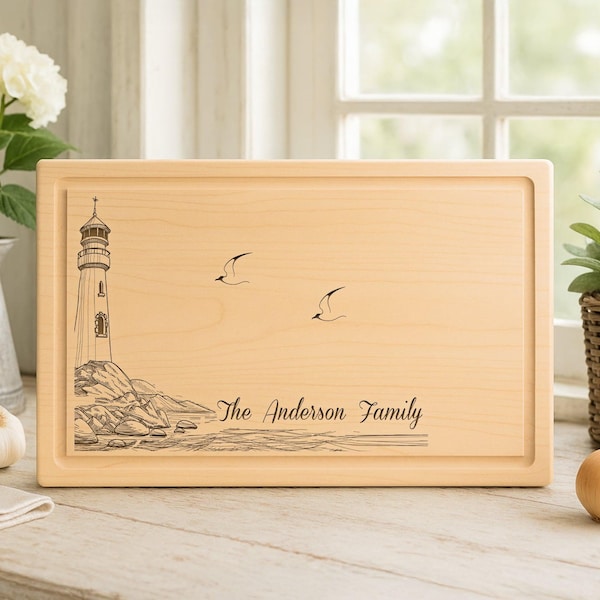 Personalized Lighthouse Cutting Board: Engraved Family Name Charcuterie Board-31