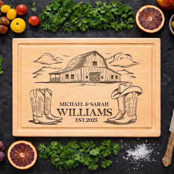 Personalized Cowboy Boots Cutting Board: Engraved Barn, Country Gift-2