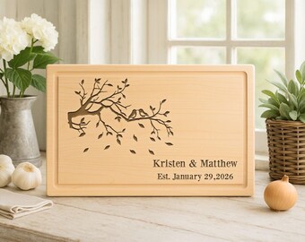 Personalized Birds Cutting Board: Engraved Wood Couple Gift