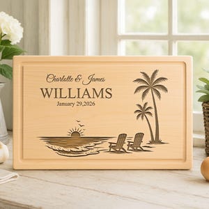 Planche à découper personnalisée plage tropicale : cadeau gravé personnalisé,01