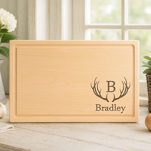 Personalized Deer Antler Cutting Board with Name, Engraved Wood Butcher Block, Rustic Custom Charcuterie Board, Hunting Cabin Gift, 24