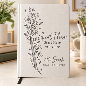 Personalized Teacher Journal, Custom Name Engraved Leatherette Notebook, Floral Teacher Appreciation Gift