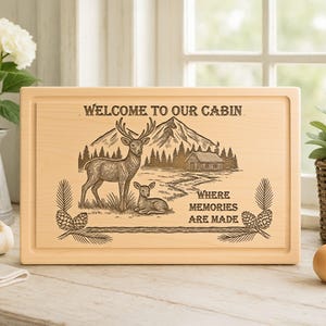 Personalized Cabin Cutting Board: Engraved Deer Scene, Rustic Decor