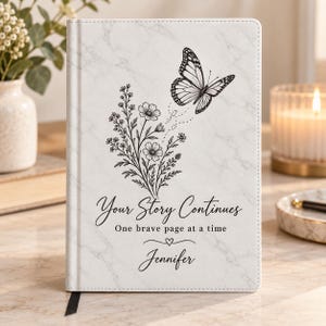 Personalized Butterfly Journal, Engraved Floral Leatherette Notebook, Custom Name Inspirational Gift for Her, White Marble Diary