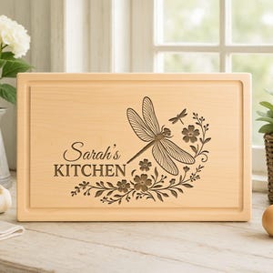Personalized Engraved Cutting Board With A Dragonfly With Floral Accents, Wedding, Anniversary -Housewarming-  Closing Present-96