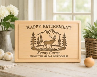 Personalized Retirement Cutting Board with Deer & Mountains | -94