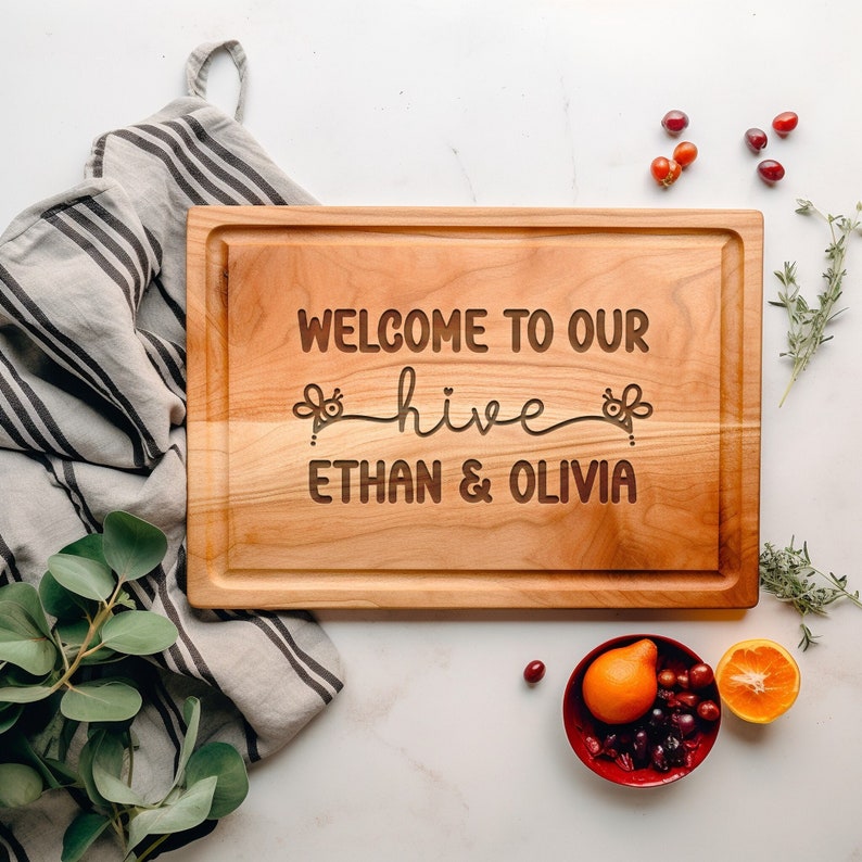 Personalized Couples Cutting Board, Welcome to Our Hive Sign, Bee Kitchen Decor, Bee Lover Gifts, Beekeeper Gift, Engraved Charcuterie Board image 1