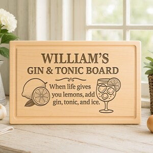 Personalized Gin & Tonic Cutting Board: Engraved Lemon Slice Bar Board,05