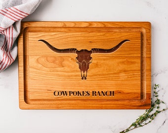 Texas Longhorn Cutting Board, Longhorn Skull Decor, Kitchen Cattle Decor, Ranch Sign, Gift for Rancher, Farmhouse Cow Cutting Board