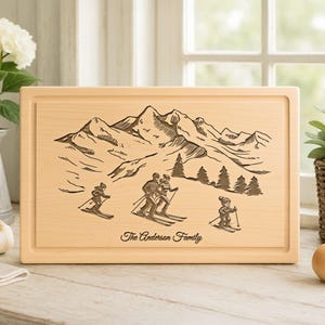 Personalized Ski Family Cutting Board - Engraved Winter Cabin Decor - Custom Mountain Scene Gift for Skiers, Housewarming or Holidays