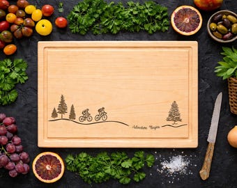 Personalized Cycling Adventure Wood Cutting Board, Custom Mountain Bike Family Gift, Adventure Begins Road Biker Serving Tray, Cyclist Decor