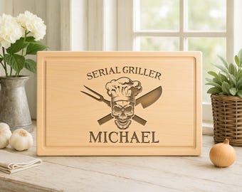 Personalized Skull Cutting Board: Engraved Serial Griller Gift