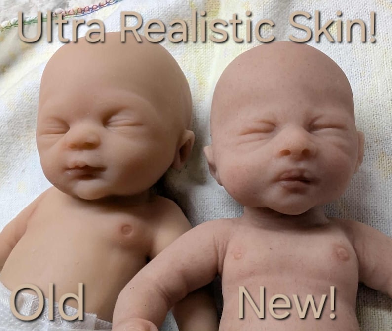 May include: Two baby dolls with closed eyes and smooth skin. The doll on the left is labeled Old and has a uniform light skin tone. The doll on the right is labeled New and features detailed, textured skin with subtle color variations. Text reads Ultra Realistic Skin!