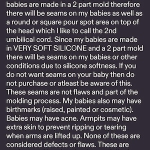 May include: A dark purple informational graphic containing white text that explains the handmade nature of silicone dolls, noting the presence of mold seams, pour spots, potential birthmarks, acne, and extra skin in the armpit areas.