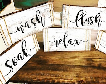 Free shipping, Wash, soak, relax, flush, floss, brush, rustic bathroom signs