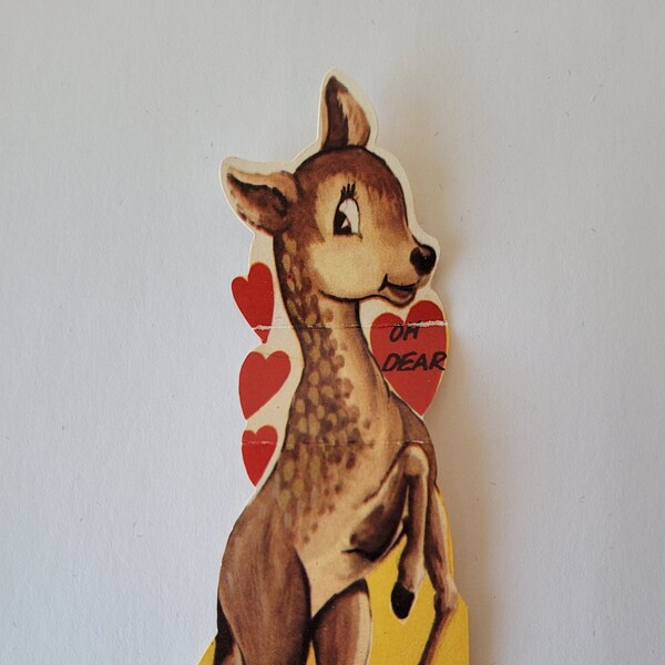 Vintage Valentine, "Oh dear" deer - die cut pun card, 40s 50s, ephemera, midcentury mcm, kids, animals