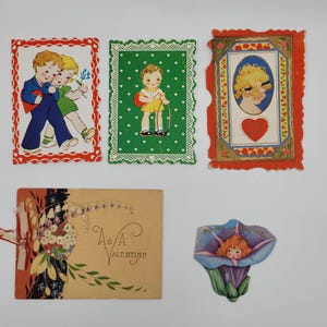 May include: Five vintage Valentine's Day cards featuring children and hearts. The cards are in various colors and styles, including red, green, blue, and gold. The cards are all in good condition and would make a great addition to any vintage Valentine's Day collection.