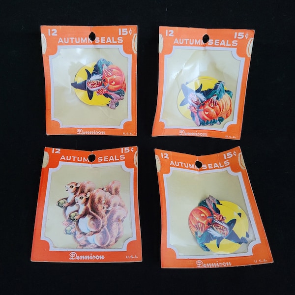 Vintage Dennison Halloween seals - pick one unopened package of 12 - witch with knife & JOL pumpkin - squirrels - autumn midcentury ephemera