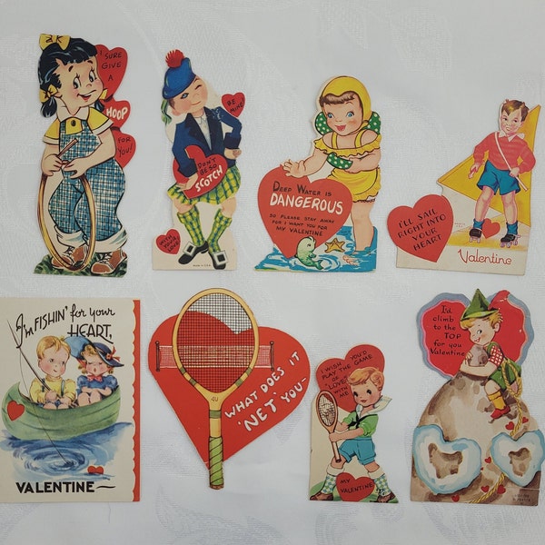 Vintage valentines, you pick!  - dancing, swimming, sailing, fishing, tennis, climbing - 40s 50s 60s ephemera, midcentury, retro kid's cards