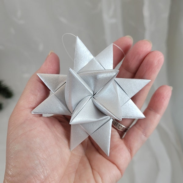 Set of 9 handmade 3" Froebel star ornaments - large silver - shimmer paper - traditional Christmas - Moravian, German, folded stars