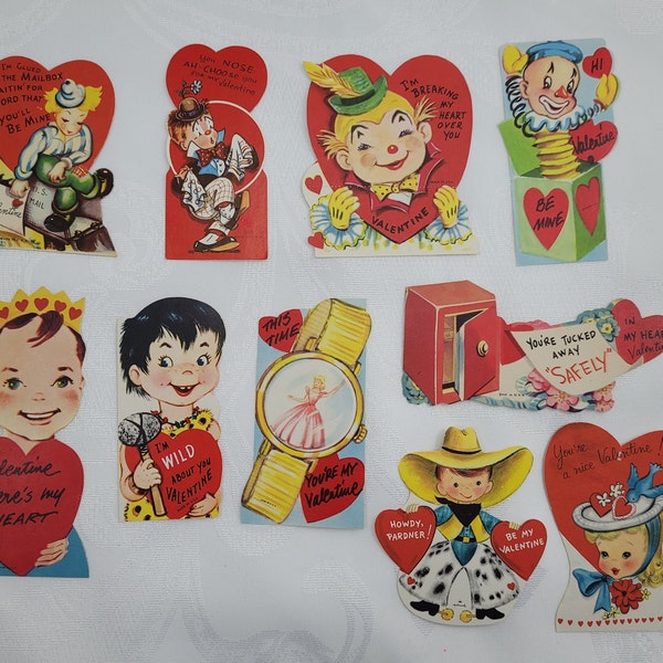 Vintage valentines, you pick! Clowns, caveman, cowboy, jack-in-the-box, bonnet, watch - 40s 50s 60s ephemera, midcentury, retro kid's cards