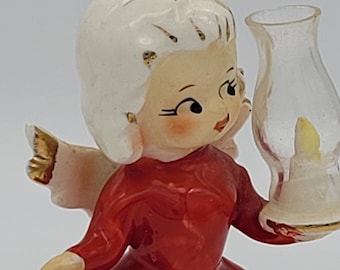 Vintage ceramic Christmas angel with hurricane lamp - spaghetti trim, gold accents - mid-century modern girl figurine, mcm, retro, Japan