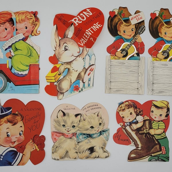 Vintage valentines, you pick! - Clown, rabbit, cowboy, sailor, kittens, boot - 40s 50s ephemera, midcentury mcm, retro children's cards