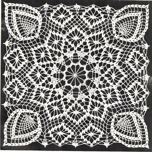 May include: White crochet doily with a delicate floral pattern. The doily is circular with a center design and four corner motifs.