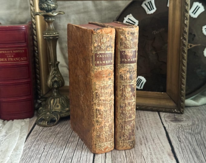 Set of 2 Antique French Leather Bound Books - Bookshelf Decor - 18th Century