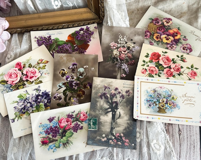 Set of 10 French Floral Postcards - 1900's - 20th Century - Junk Journal - Scrapbooking - Collage - Set 2