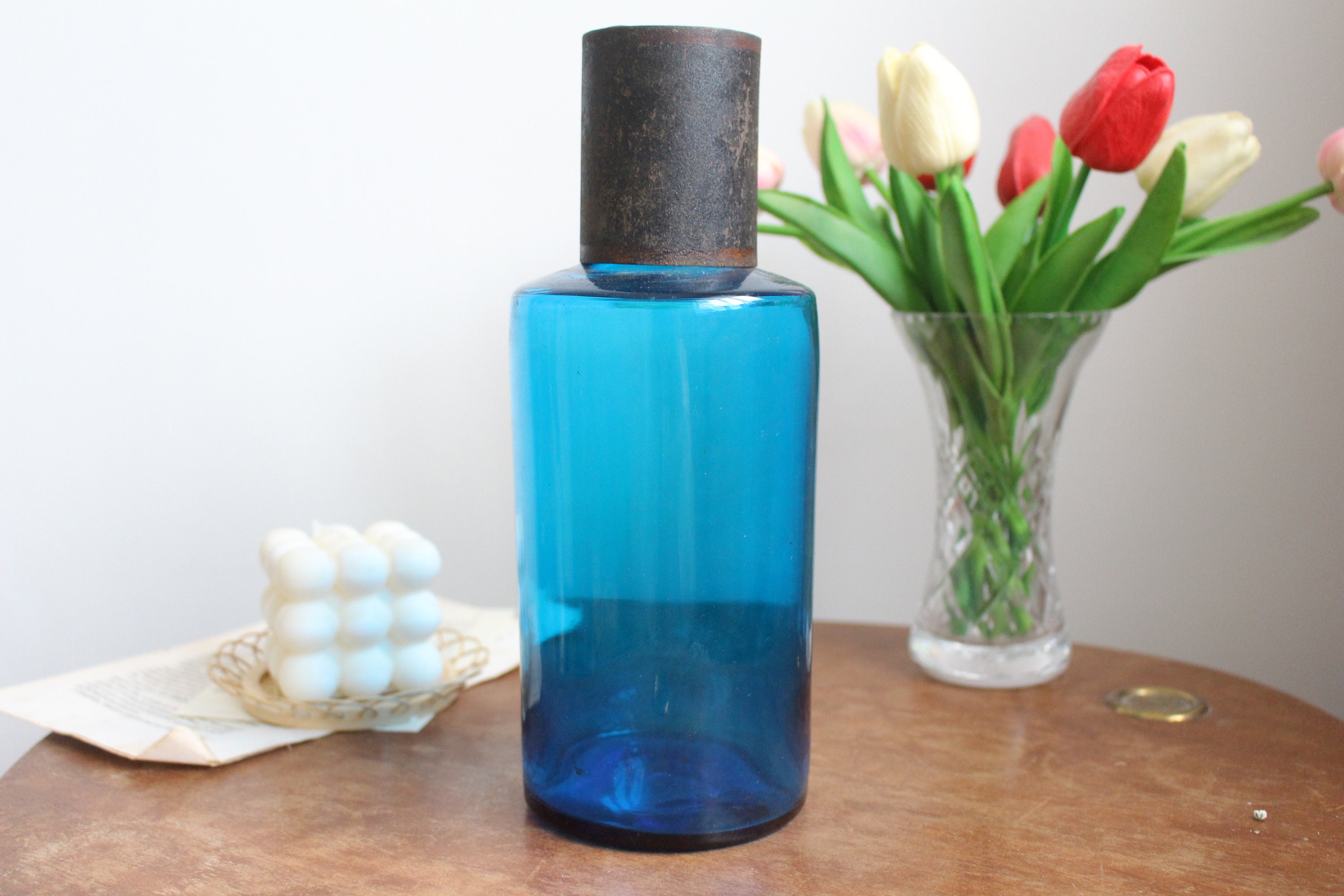 Vintage Français Blue Pharmacie/Apothecary Bouteille en Verre