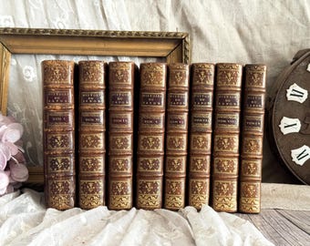 Set of 8 Antique French Leather Bound Books - Bookshelf Decor - HISTORY OF JAPAN - 18th Century