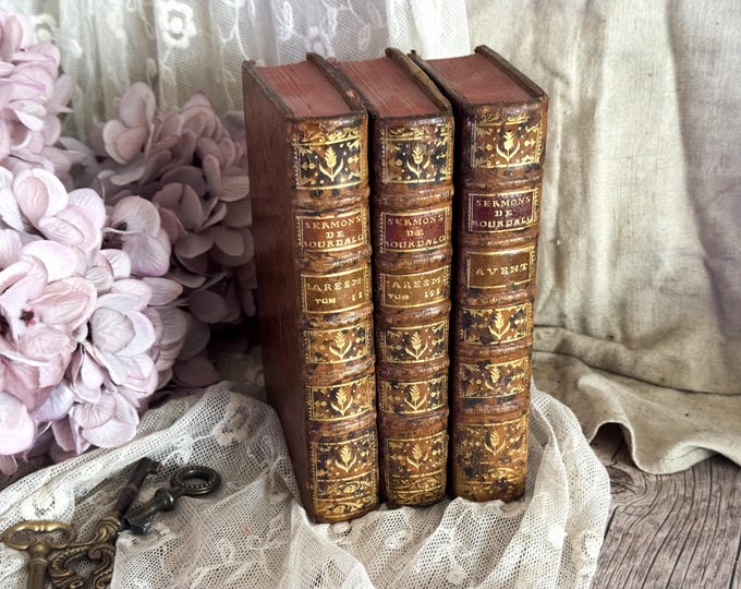 Set of 3 Antique French Leather Bound Books - Bookshelf Decor - 18th Century