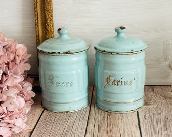 Set di 2 contenitori vintage in smalto blu francese - Barattolo/vaso smaltato - Decorazione Shabby Chic