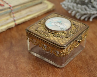 Antique French Gilded Metal Glass Box with Hand Painted Miniature Portrait - Trinket Box - Jewellery Box