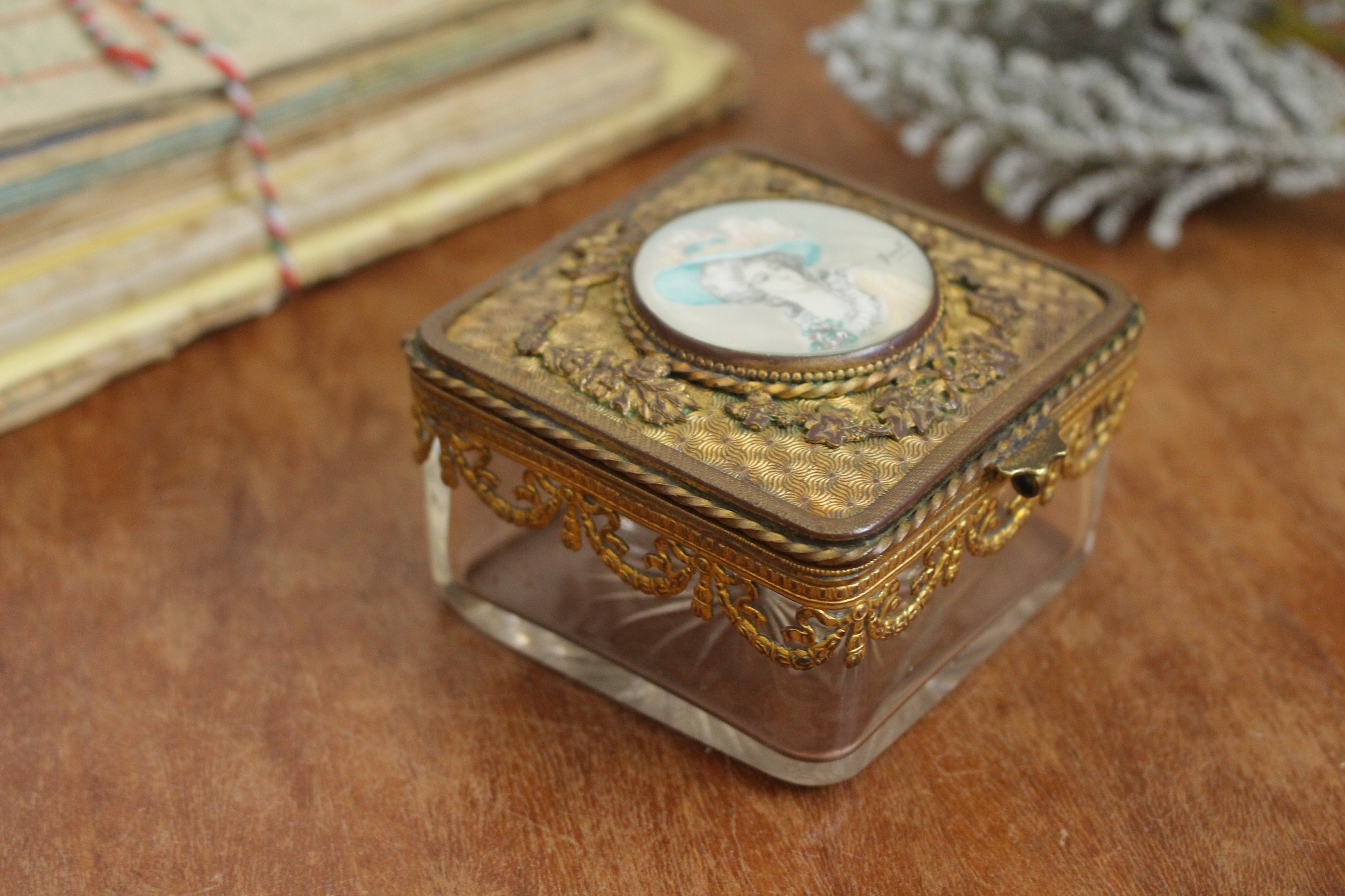 Antique French Gilded Ormolu Trinket Box: Hand-Painted Portrait