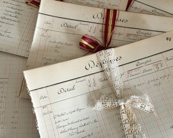 5 Antique French Ledger Pages - Paper Ephemera - 1920's - Junk Journaling - Collage - Scrapbooking