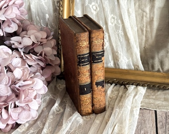 Set of 2 Antique French Leather Bound Books - Bookshelf Decor - 19th Century