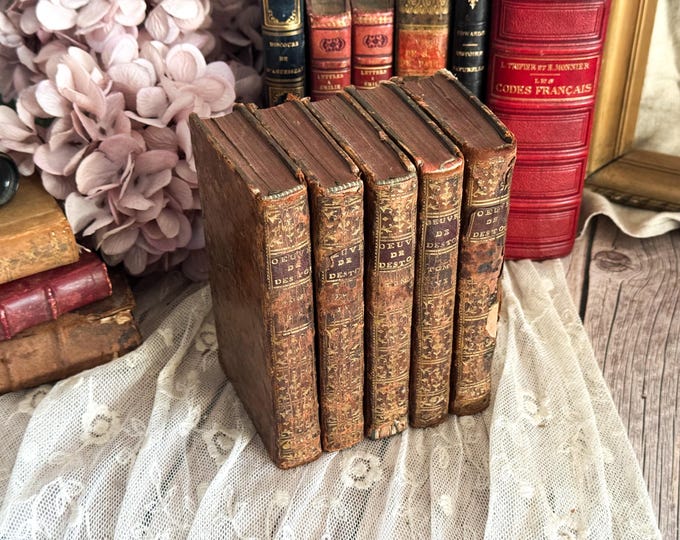 Set of 5 Small Antique French Leather Bound Books 18th Century - Bookshelf Decor