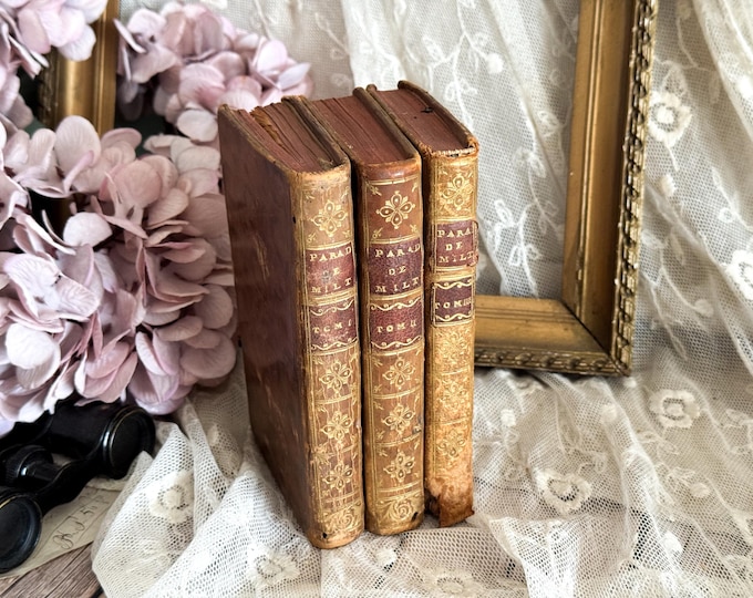 Set of 3 Small Antique Leather Bound Books 18th Century - Bookshelf Decor