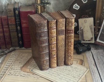 Set of 4 Antique French Leather Bound Books - Bookshelf Decor - 18th Century - 1700s