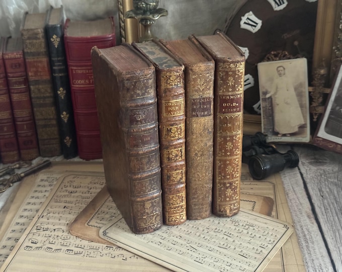 Set of 4 Antique French Leather Bound Books - Bookshelf Decor - 18th Century - 1700s
