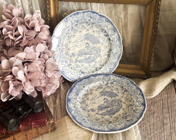 Pair of Vintage Swedish Rostrand Ironstone Small Plates - Blue Transferware - Kitchen Decoration