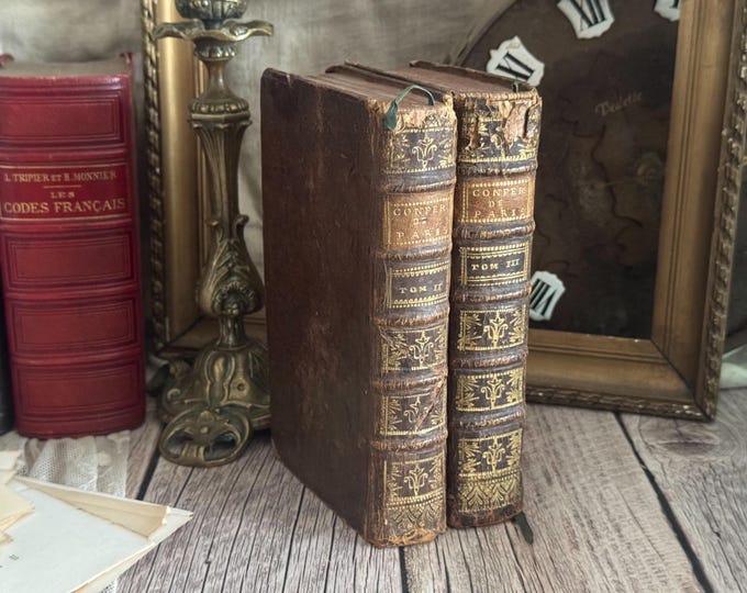 Set of 2 Antique French Leather Bound Books - Bookshelf Decor - 18th Century